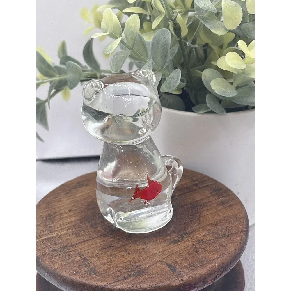 Glass Cat Figurine Clear Red Fish Inside Small Art Paperweight Animal Decor